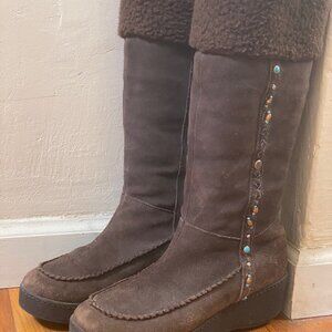 Steve Madden Seminole Platform Wedge Boots Size 8.5M Brown Suede Beaded Boho